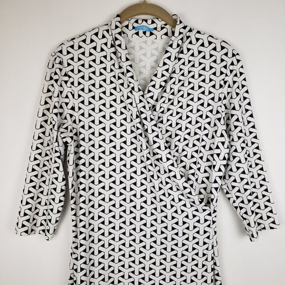 J McLaughlin Catalina Cloth Panama Dress Small Black White Geo High Neck - Picture 3 of 7